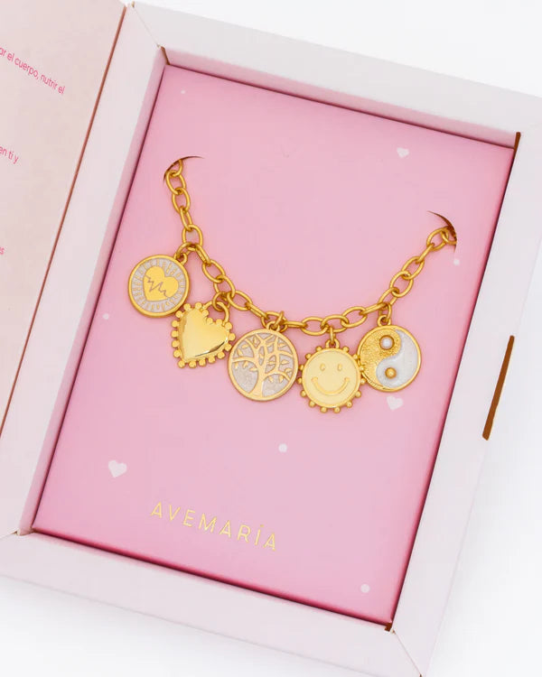 Pulsera Multicharms Deseos Del Corazón + Caja Especial Avemaría